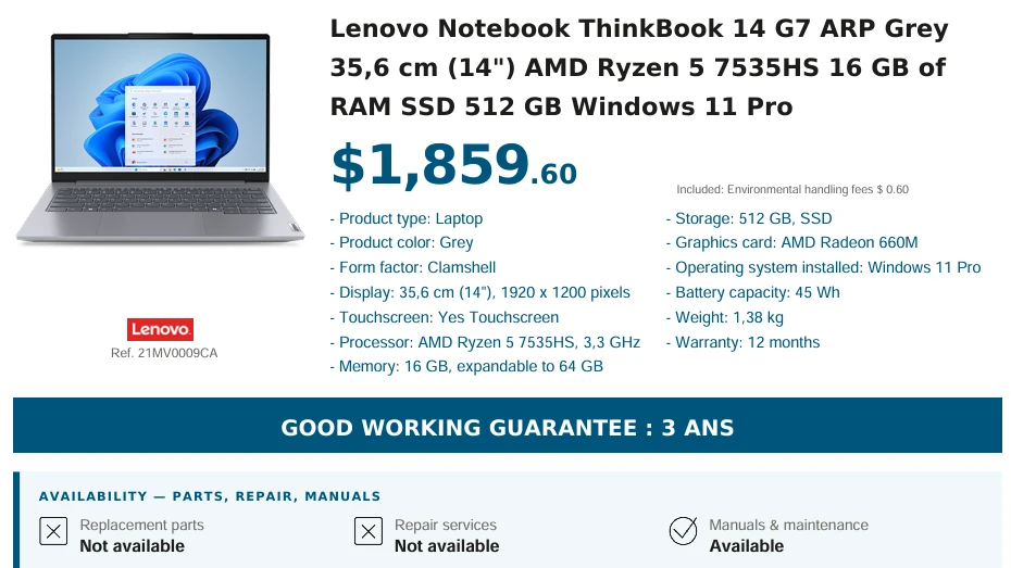 Spec sheet of a Lenovo ThinkBook laptop at a reseller: the 3-year warranty of good working order is displayed, but replacement parts and repair services are marked “Not available”.