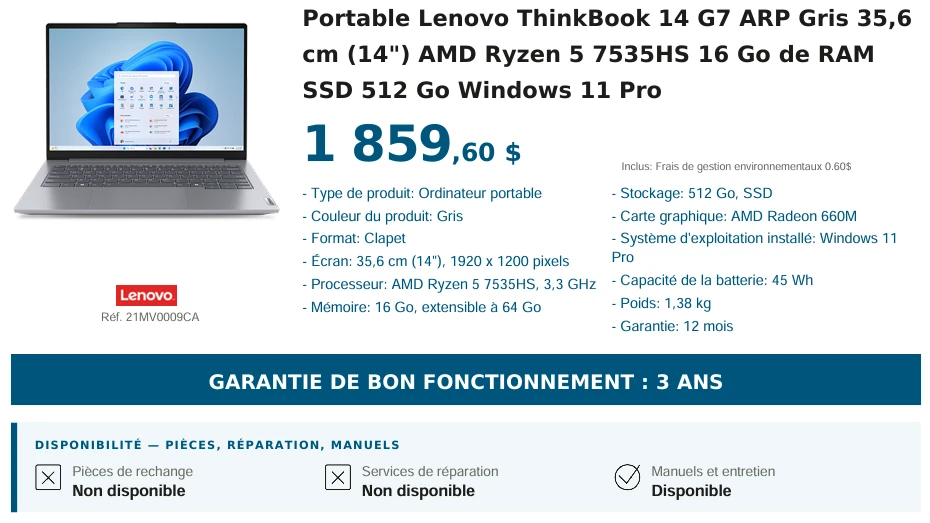 Fiche technique d'un portable Lenovo ThinkBook chez un revendeur : la garantie de bon fonctionnement de 3 ans est affichée, mais les pièces de rechange et les services de réparation sont indiqués « Non disponible ».