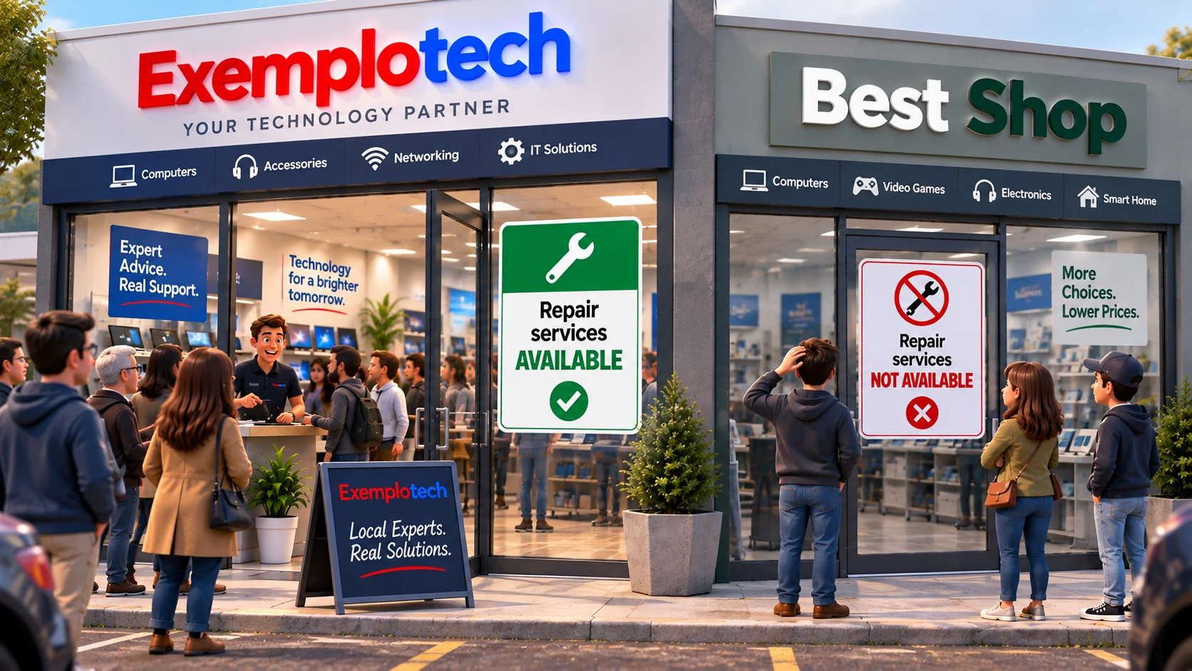 Two storefronts side by side: the independent reseller displays “Repair services available” and its shop is full; the big-box store displays “Repair services not available” and its customers hesitate on the sidewalk.