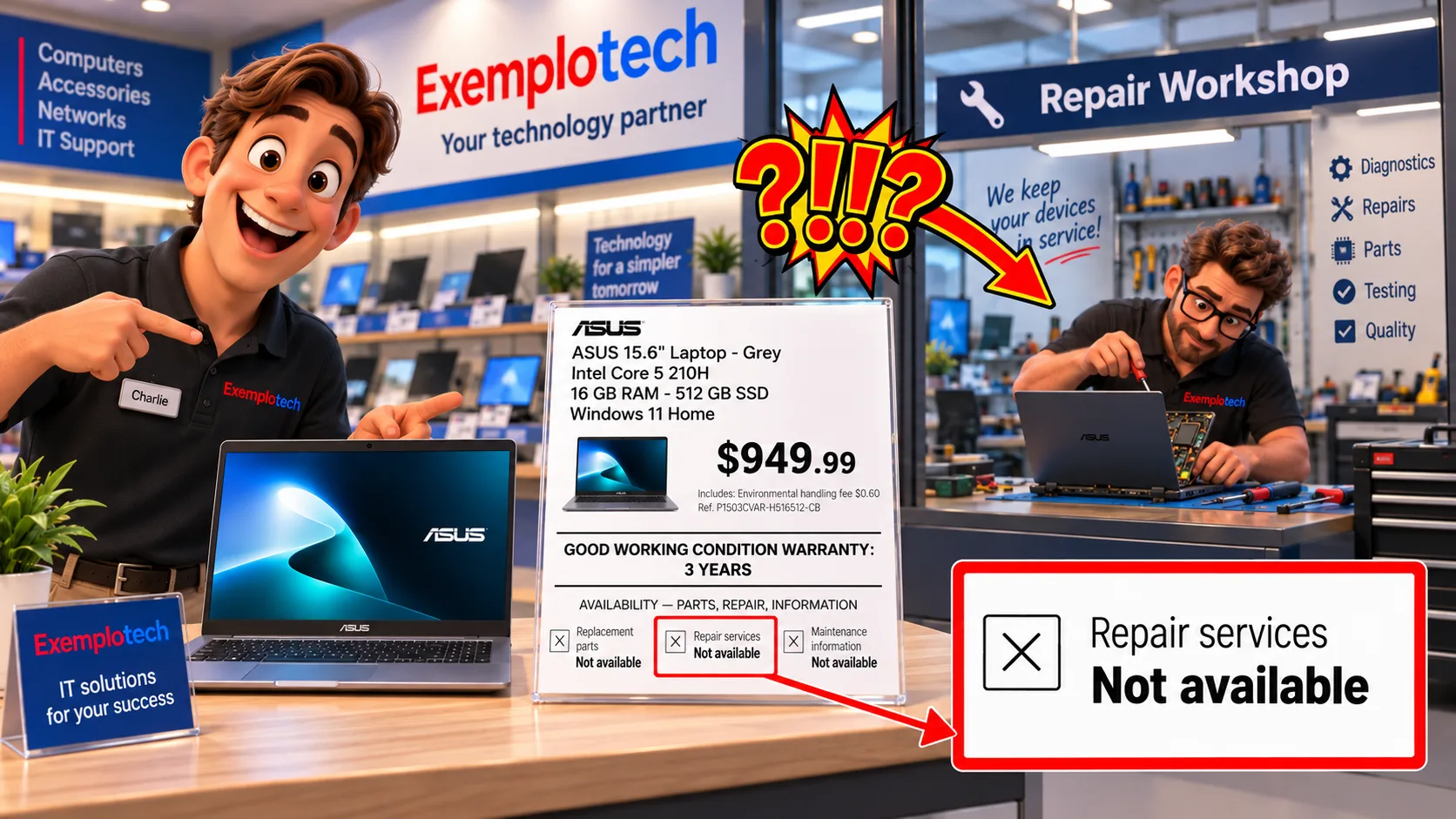In a store with its own repair workshop, the price tag of a laptop nevertheless reads "Repair services: not available".