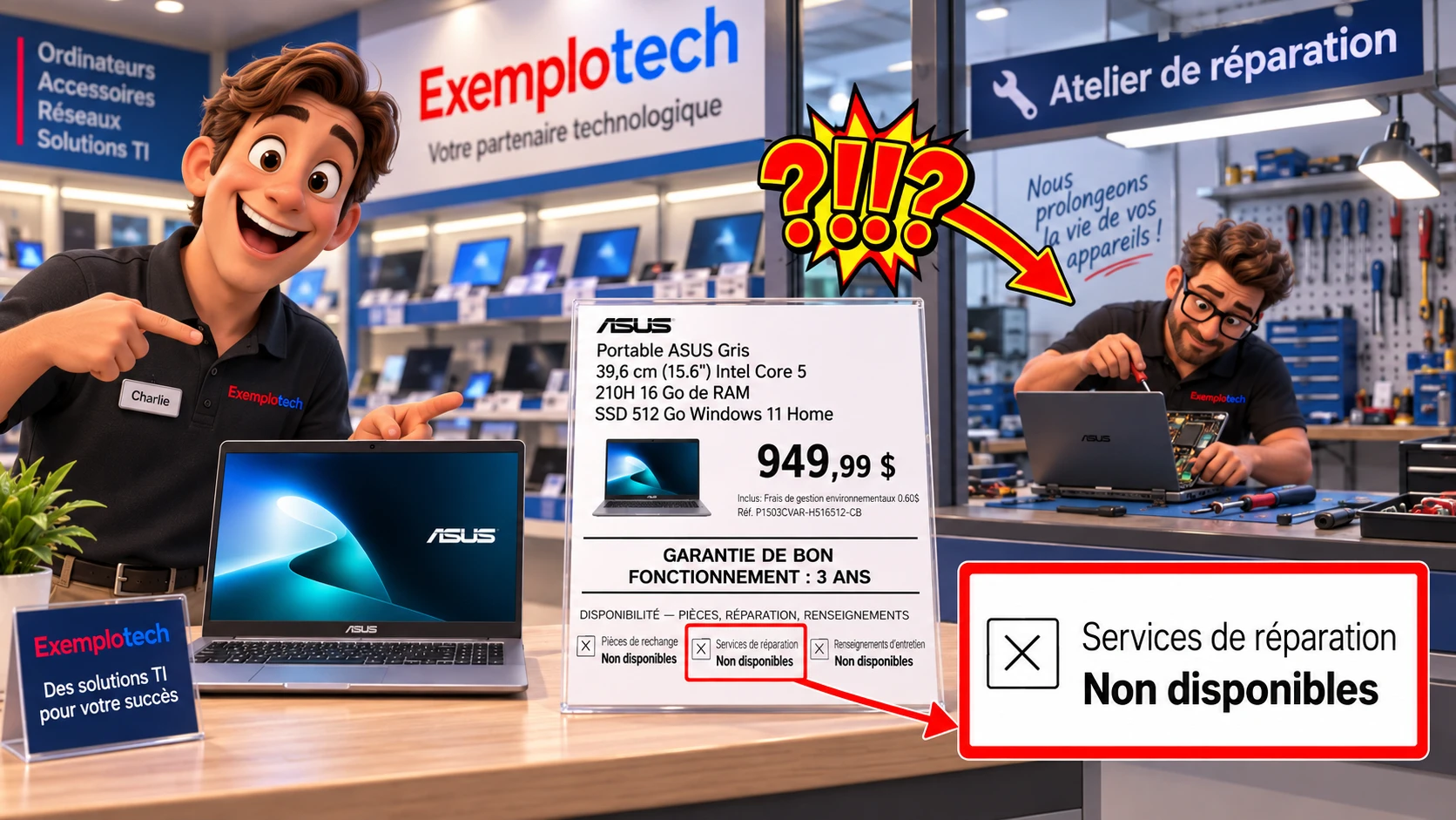 Dans une boutique dotée d'un atelier de réparation, l'étiquette de prix d'un portable affiche pourtant « Services de réparation : non disponibles ».